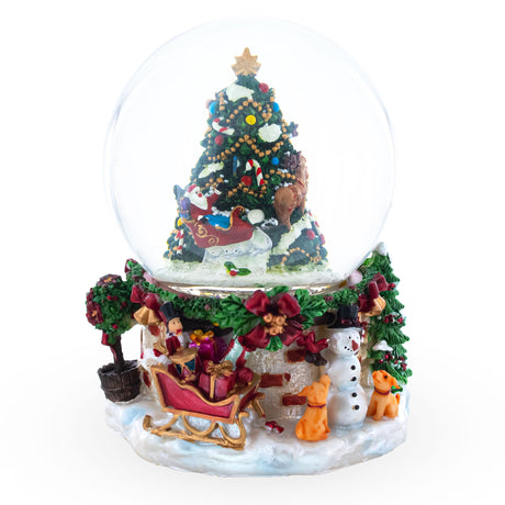 Resin Snowman and Canine Companions: Santa's Visit by the Christmas Tree Musical Water Snow Globe in Multi color Round