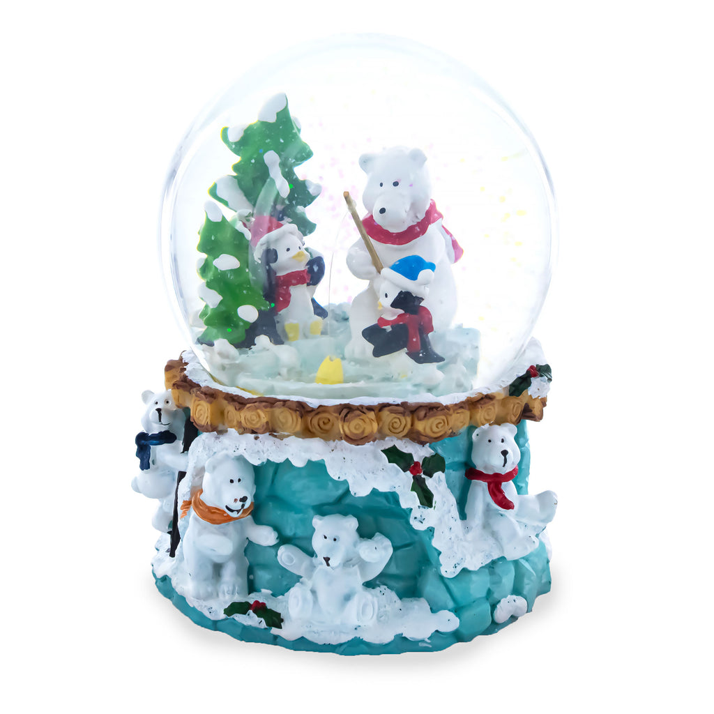 Bear and Penguins Fishing Musical Christmas Water Snow Globe in Green color