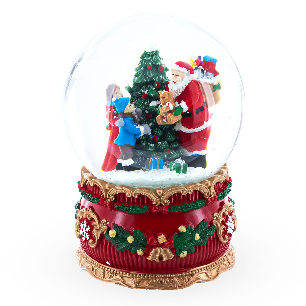 Santa's Gift Giver: Musical Snow Water Globe Figurine with Christmas Presents in Multi color, Round shape