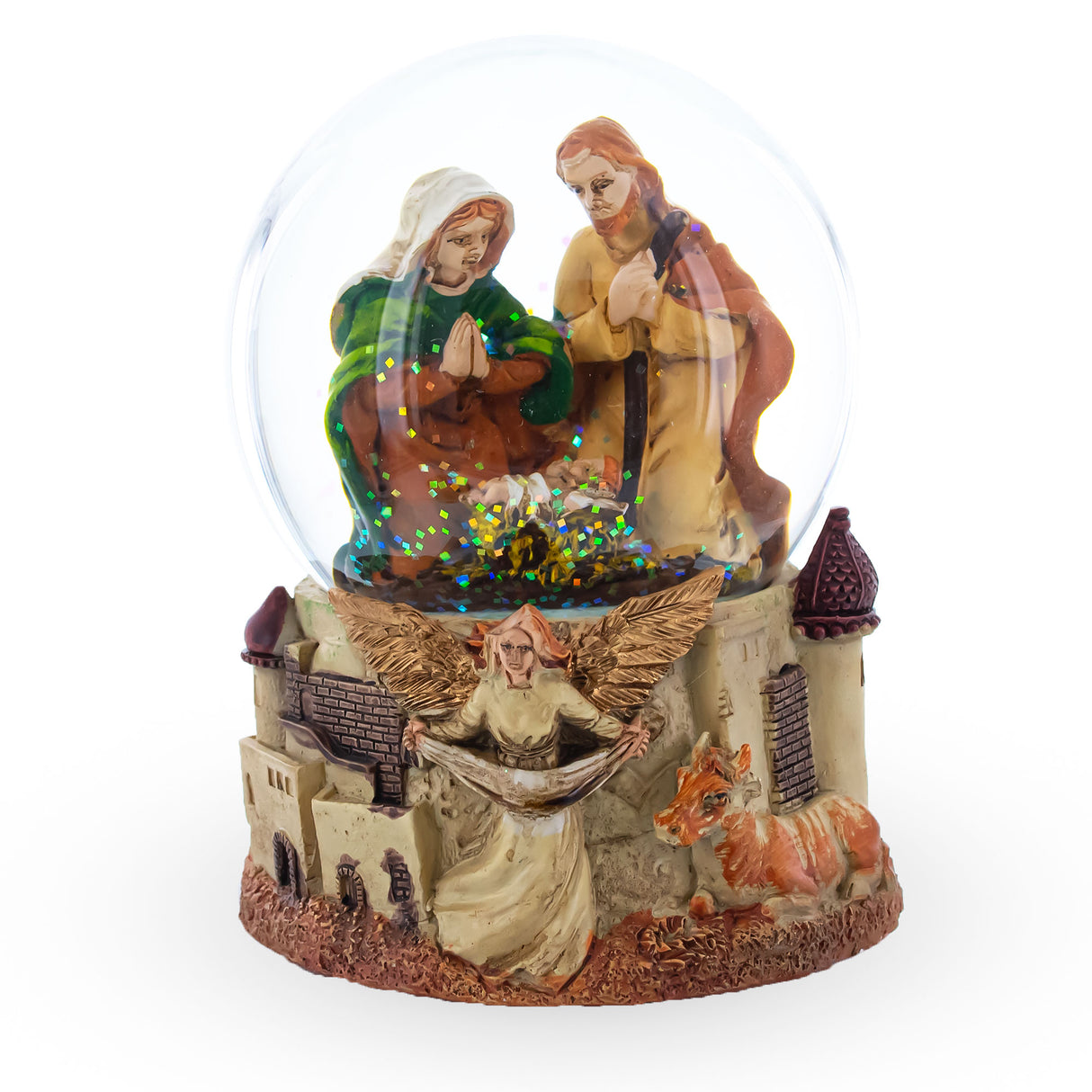 Resin Divine Guardian: Musical Water Snow Globe featuring Nativity Scene and Angel in Multi color Round