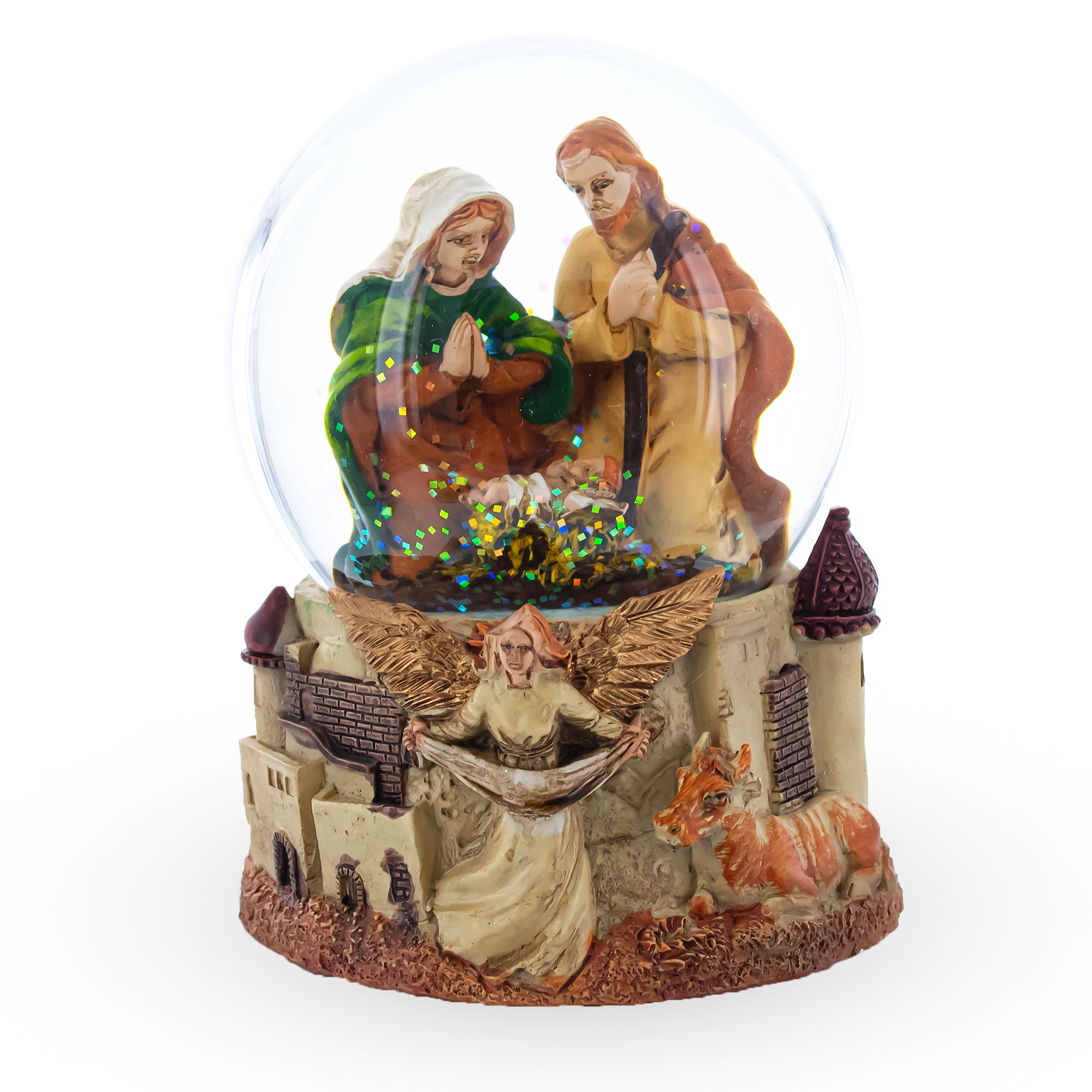 Nativity Scene and Divine Guardian Angel Musical Water Snow Globe in Multi color Round