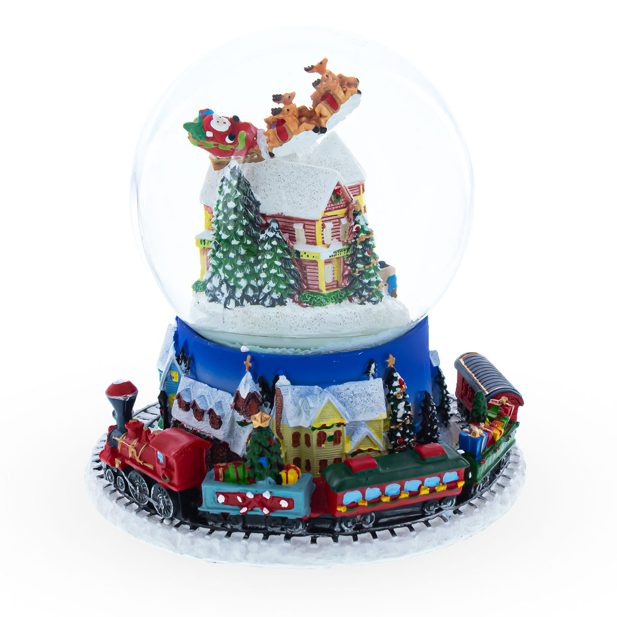 Santa's Magical Flight: Animated Musical Christmas Water Snow Globe with Moving Train Base in Multi color, Round shape