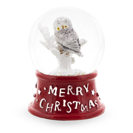 Elegant White Owl Perched on Red Base: Mini Water Snow Globe in Red color, Round shape