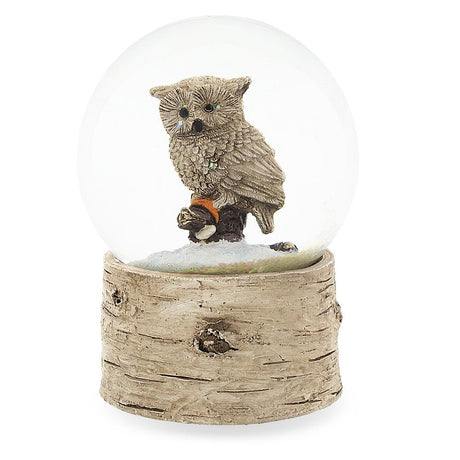 Melodic Owl Perched on Tree Branch: Musical Water Snow Globe in Beige color, Round shape