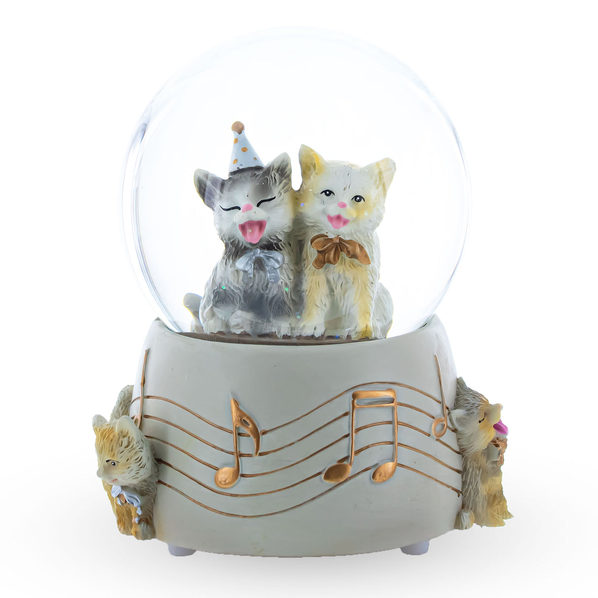 Glass Feline Festivity: Musical Water Snow Globe with Cats Enjoying a Party in White color Round