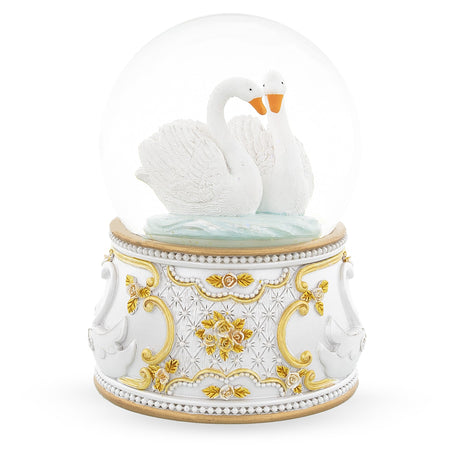 Glass Enchanted Swans in Motion: Spinning Musical Water Snow Globe in White color Round