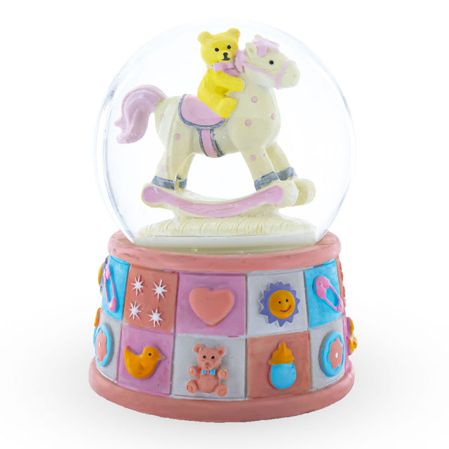 Lullaby Teddy on Rocking Horse: Musical Water Snow Globe for Baby Girl Gift in Multi color, Round shape
