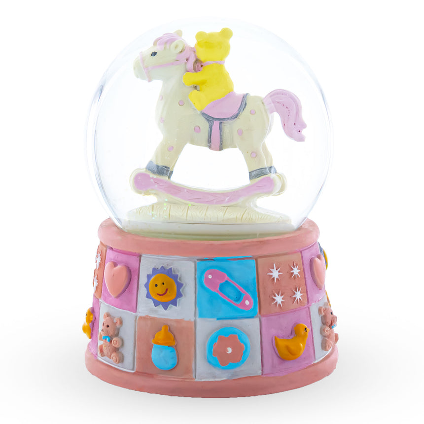 Lullaby Teddy on Rocking Horse Musical Water Snow Globe , dimensions in inches: 5.72 x 4 x 4