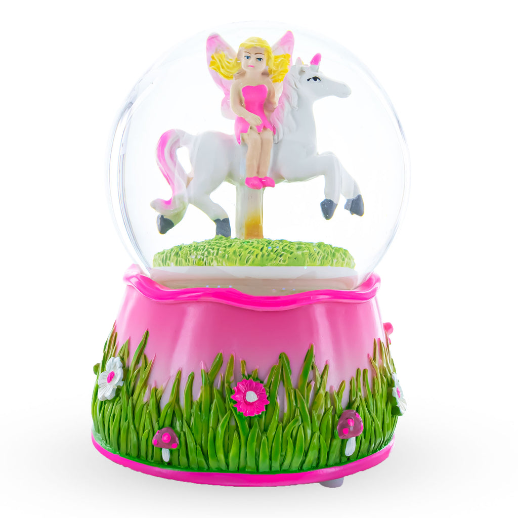 Glass Magical Fairytale Ride: Unicorn Carousel with Fairy - Musical Water Snow Globe in Multi color Round