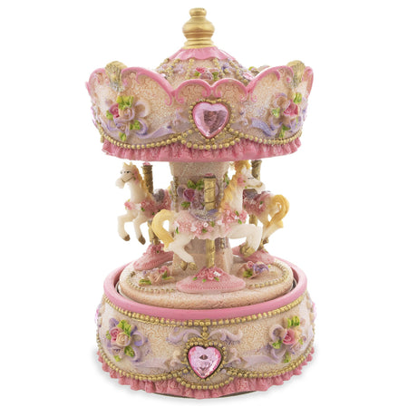 Floral Carousel Harmony: Spinning Musical Figurine with Three Horses in Pink color,  shape
