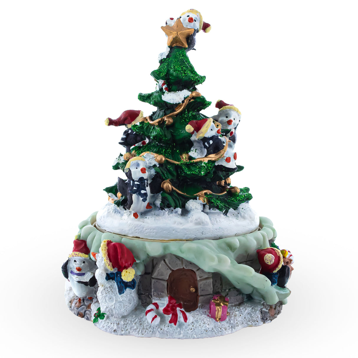 Penguin Festivity: Spinning Christmas Tree Musical Figurine with Decorating Penguins in Multi color, Triangle shape