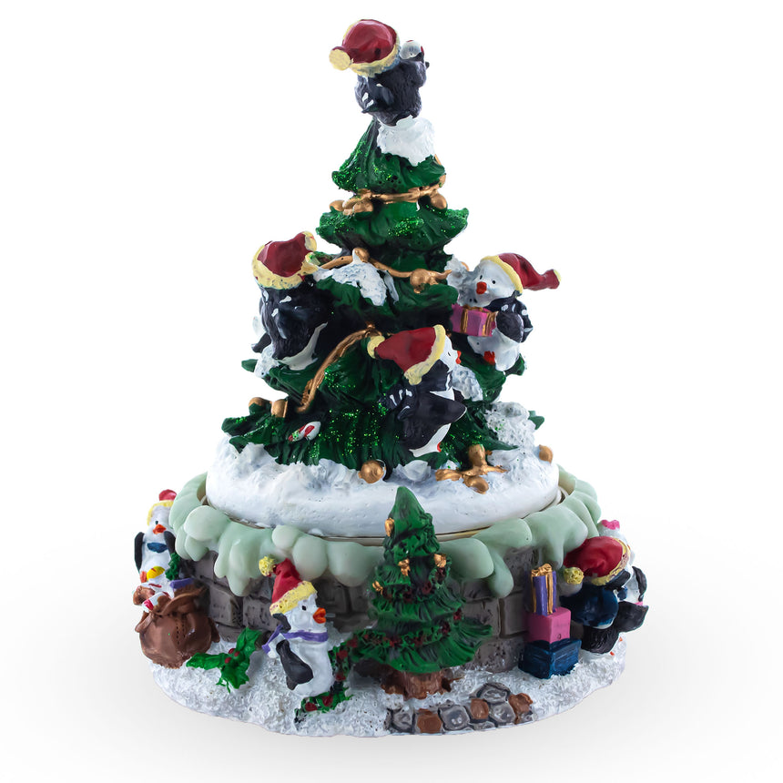 Penguin Festivity: Spinning Christmas Tree Musical Figurine with Decorating Penguins , dimensions in inches: 6.1 x 5.2 x 5.2