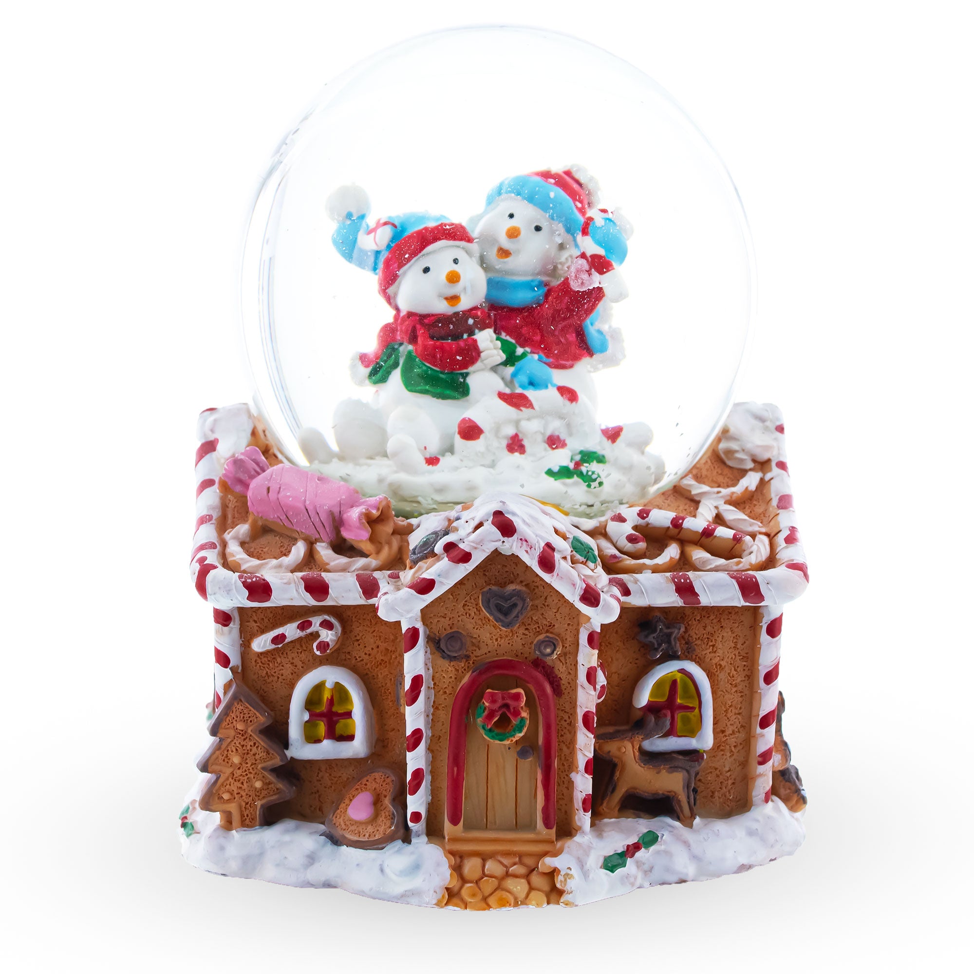 Gingerbread Cottage Snowmen Romance Musical Water Snow Globe in Multi color Round