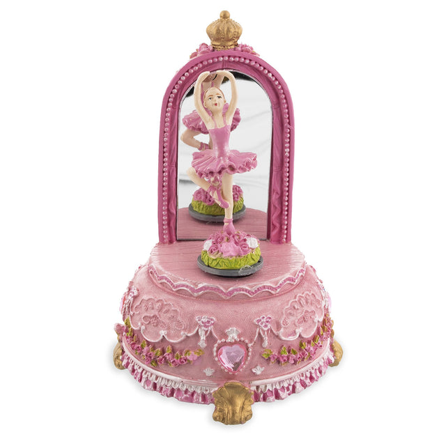 Resin Mirror Ballet Elegance: Spinning Musical Figurine with Dancing Ballerina in Pink color