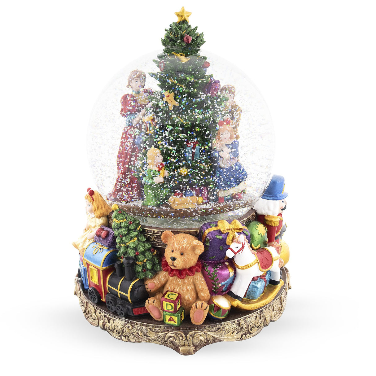 Shop Illuminated Tree Magic: LED Lights Musical Water Snow Globe, 9.6 Inches, with Children Decorating Christmas Tree. Buy Snow Globes Santa Multi Round Resin for Sale by Online Gift Shop BestPysanky Christmas water globe snowglobe music box musical collectible figurine xmas holiday decorations gifts rotating animated spinning animated unique picture personalized cool glitter flakes festive wind-up