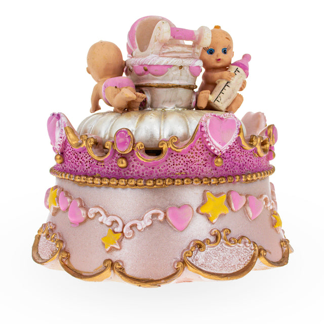 Resin Joyful Baby Stroller Spin: Spinning Musical Figurine with Crawling Babies in Pink color