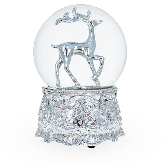 Silver Reindeer Serenade: Musical Christmas Water Snow Globe in Shiny Elegance in White color,  shape