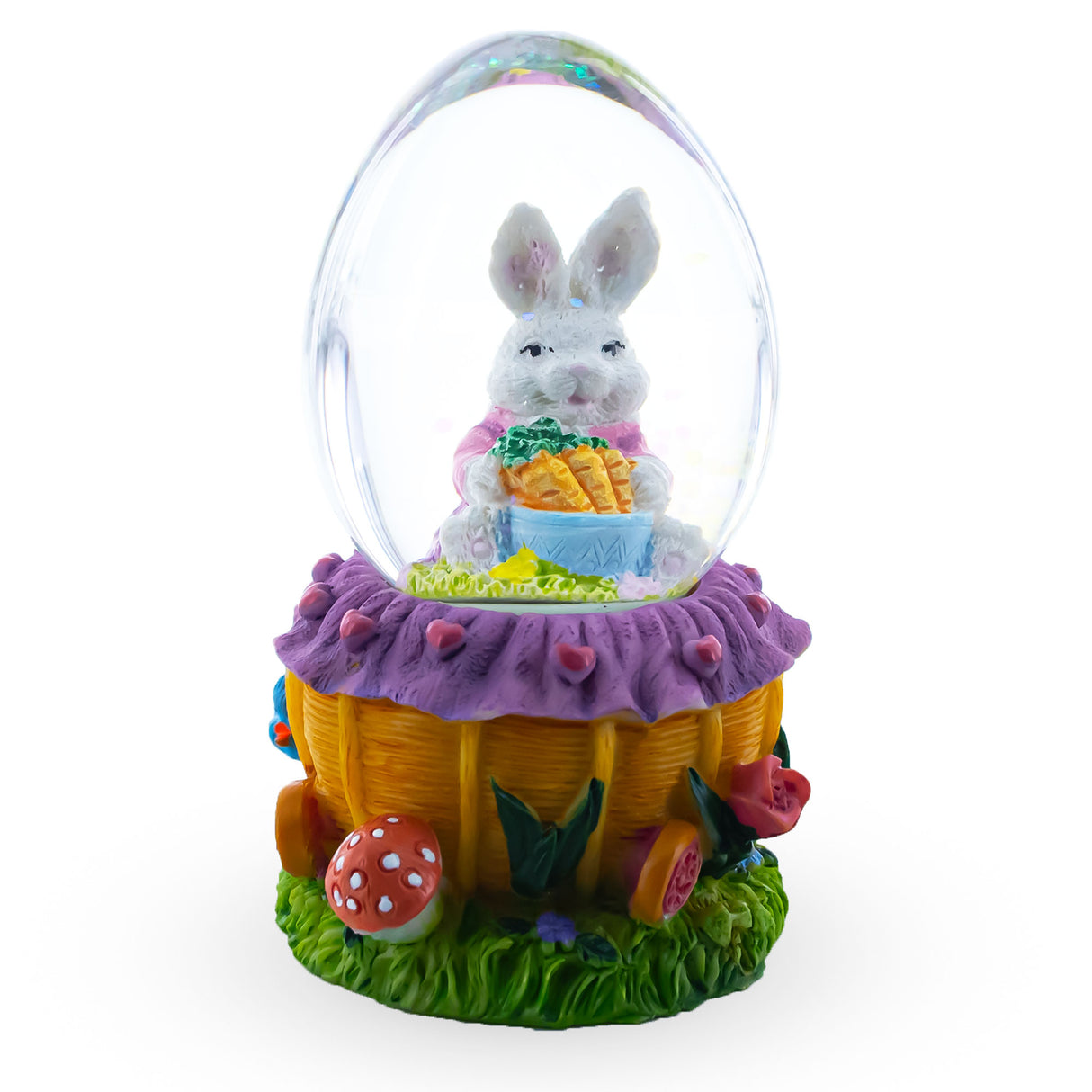 Garden Bunny Harvest: Water Globe with Bunny and Carrots Basket in Multi color,  shape