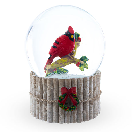 Cardinal's Wintery Serenade: Musical Water Globe with Red Cardinal on Birch Tree and Wreath in Multi color,  shape