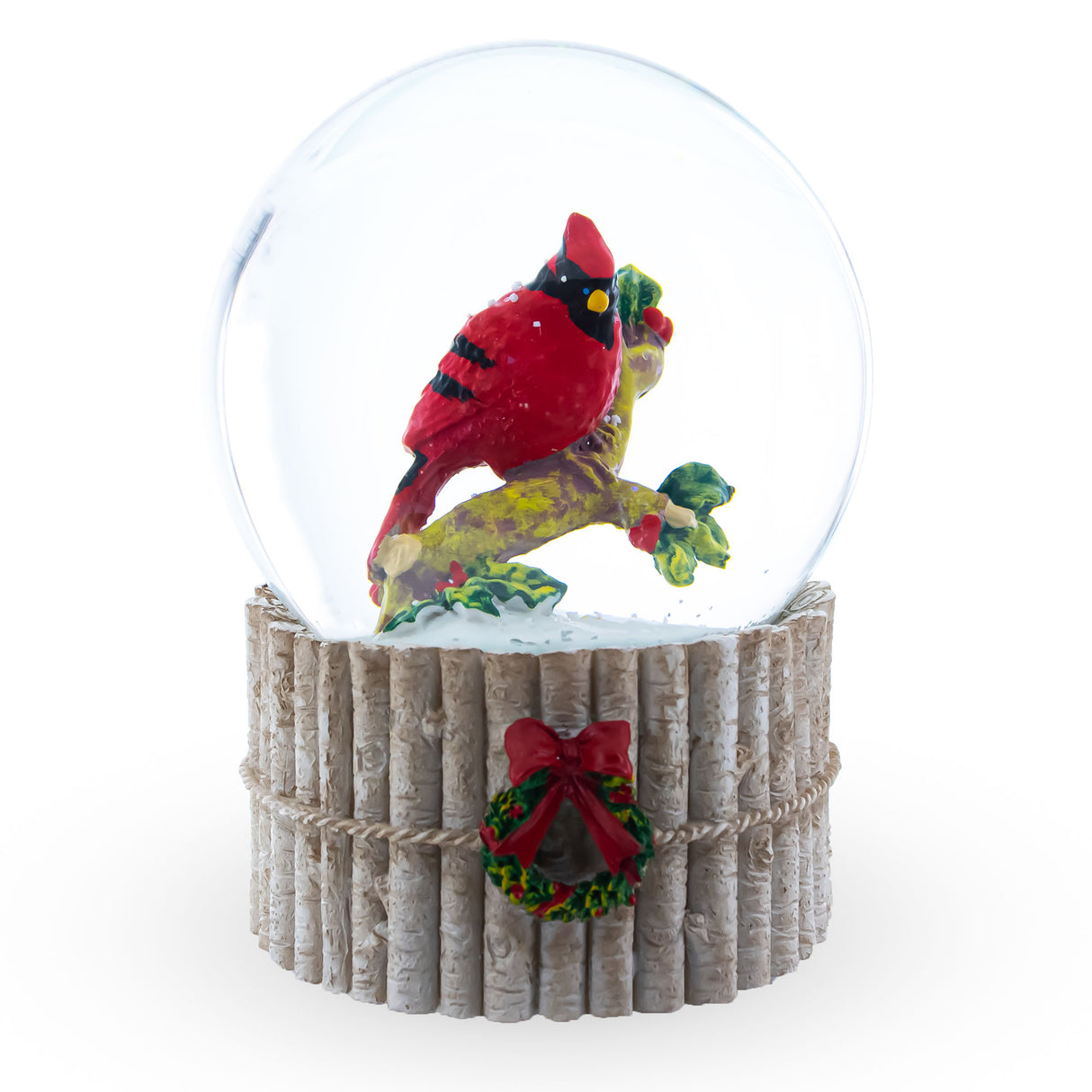 Resin Cardinal's Wintery Serenade: Musical Water Globe with Red Cardinal on Birch Tree and Wreath in Multi color