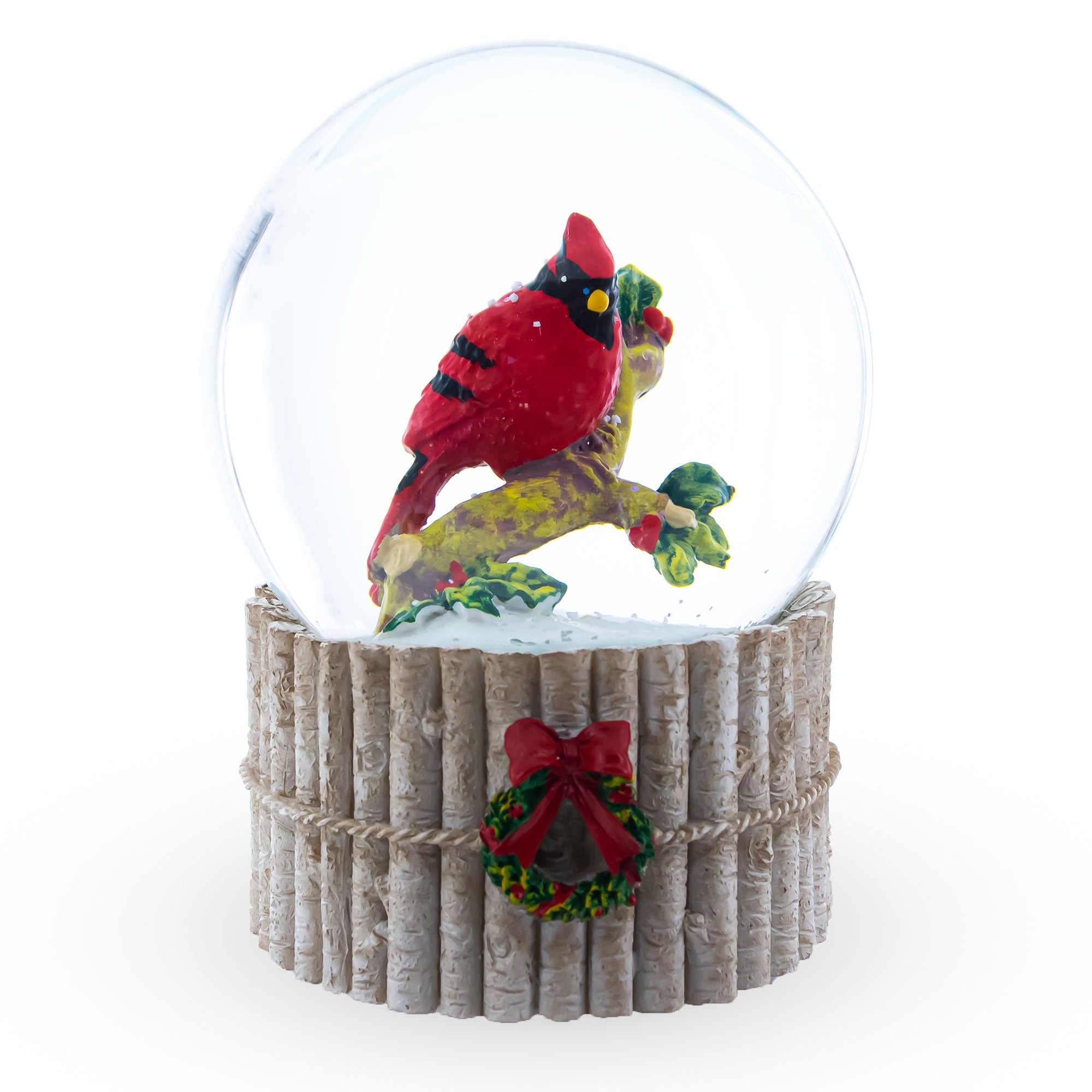 Red Cardinal on Birch Tree and Wreath Musical Water Globe in Multi color
