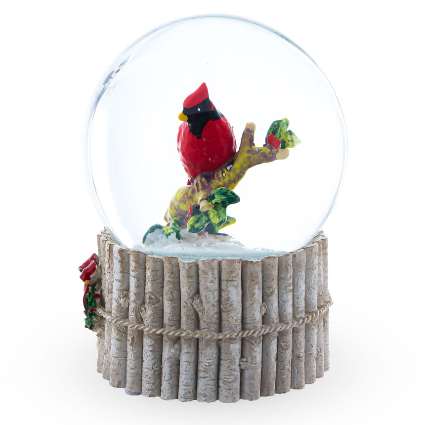 Red Cardinal on Birch Tree and Wreath Musical Water Globe , dimensions in inches: 5.6 x 3.5 x 3.5