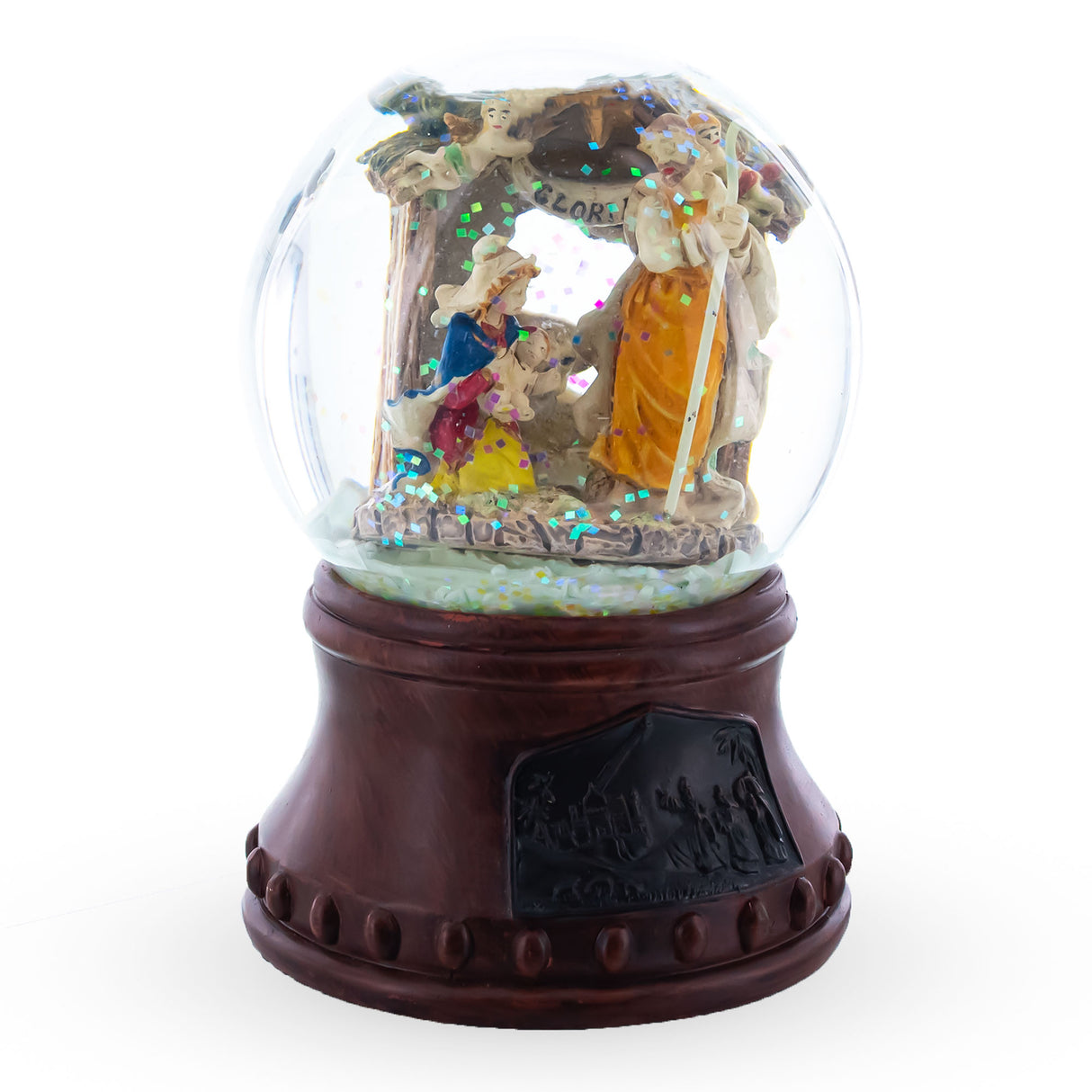 Resin Divine Nativity Harmony: Musical Water Snow Globe with Holy Family and Angels in Multi color Round