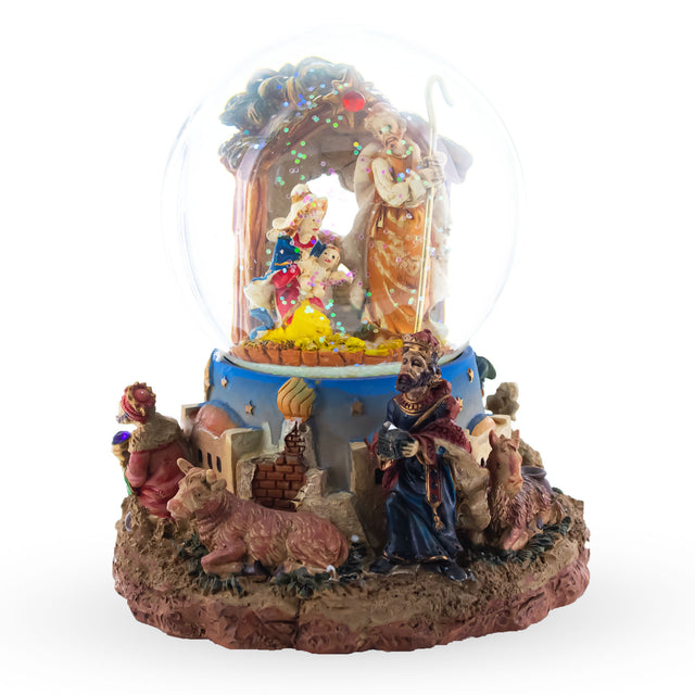 Regal Gift Bearers: Nativity Scene Musical Water Snow Globe with Kings in Multi color, Round shape
