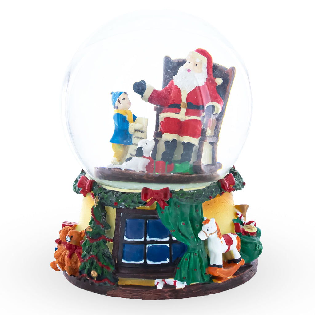 Resin Wishful Moments: Boy and Dog Musical Water Snow Globe with Gift List for Santa in Multi color Round