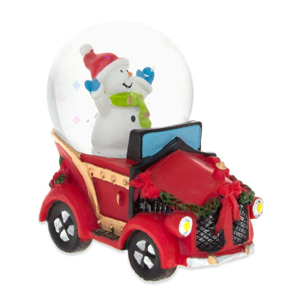 Merry Snowman's Carriage Ride: Mini Water Snow Globe with Christmas Cheer in Red color, Round shape