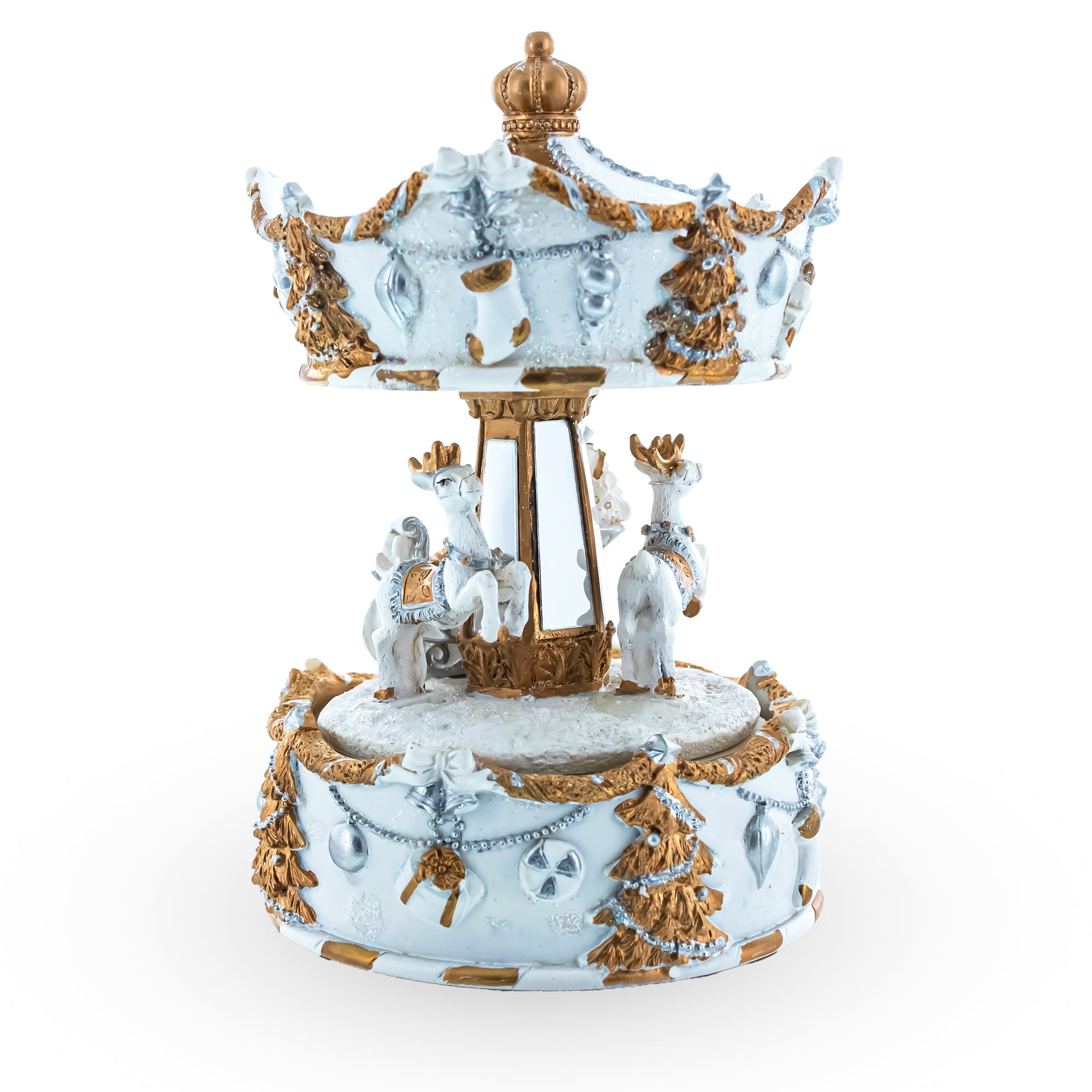 Santa's Reindeer Carousel: White Spinning Christmas Musical BoxChina , dimensions in inches: 6.2 x 4.1 x 4.1