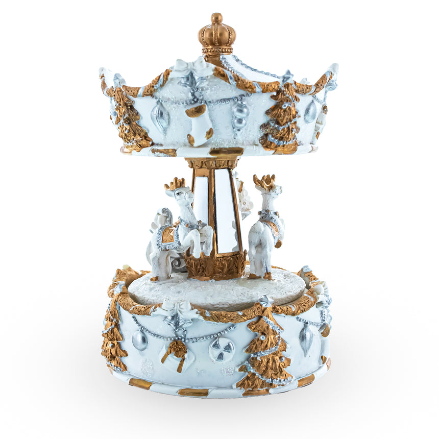 Santa's Reindeer Carousel: White Spinning Christmas Musical Box , dimensions in inches: 6.2 x 4.1 x 4.1