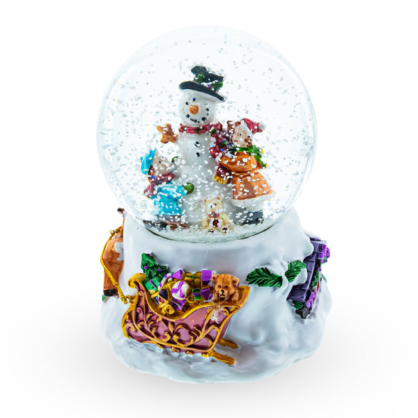 Warm Snowman Embrace: Musical Water Snow Globe with Kids Hugging in Multi color,  shape