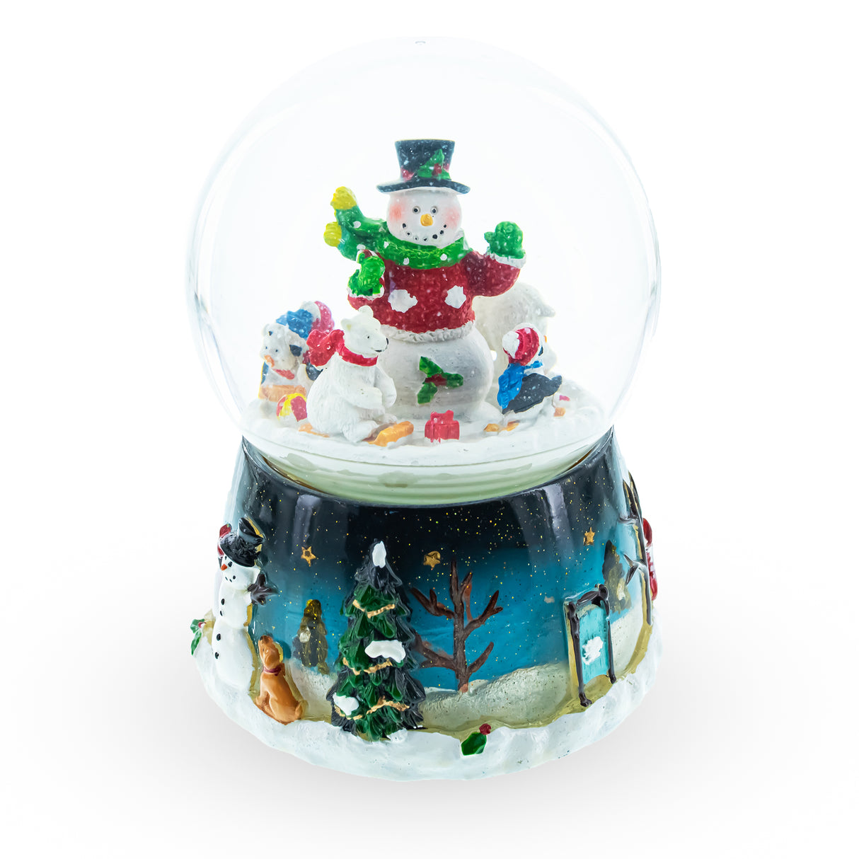 Polar Party: Snowman, Polar Bears, and Penguins Musical Spinning Snow Globe in Multi color, Round shape