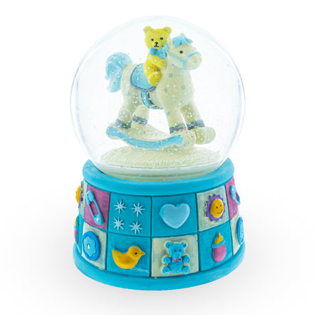 Glass Little Voyager: Teddy Bear on Rocking Horse - A Perfect Baby Boy Gift Musical Water Snow Globe in Blue color Round
