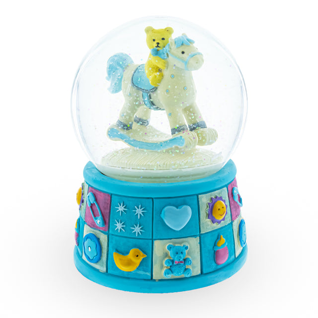 Teddy Bear on Rocking Horse Baby Boy Musical Water Snow Globe in Blue color Round