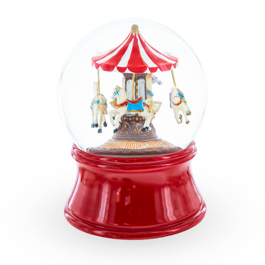 Horses Carousel Melody Spinning Musical Water Globe in Red color Round