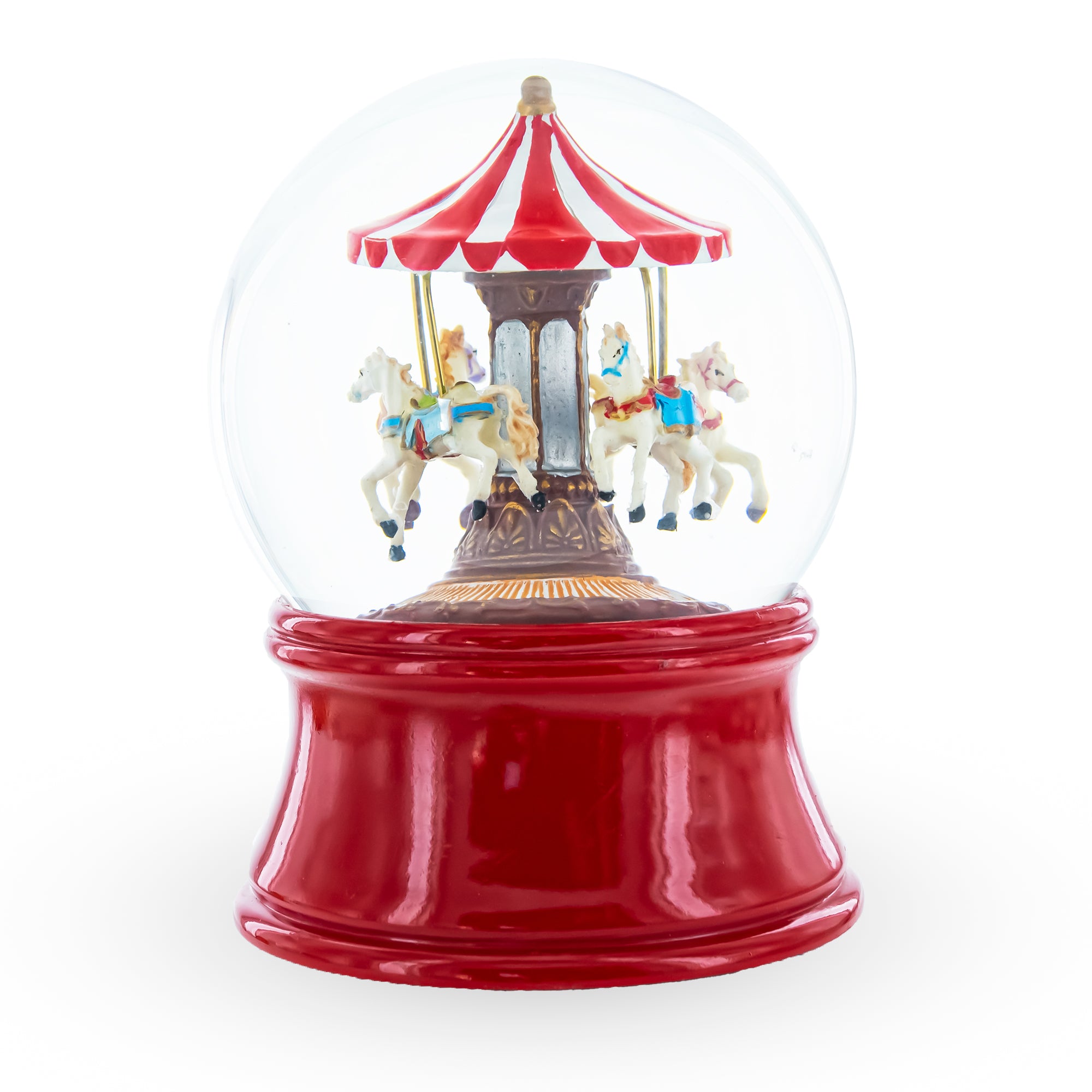 BestPysanky online gift shop sells whirling carousel wind up spinning horses musical water globe snow globes carousels resin red animal base classic built-in mechanical music box plays wish merry christmas tune rotating animated mechanism inside hand painted glass motion activated