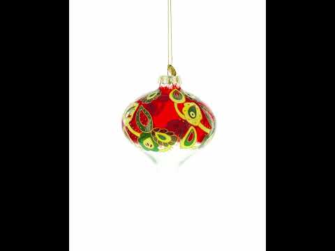 Adorno navideño de cristal con remate en forma de cebolla y diseño de cachemira roja