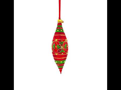 Red and Green Glitter Jeweled Elongated Pointed Teardrop Finial Glass Christmas Ornament