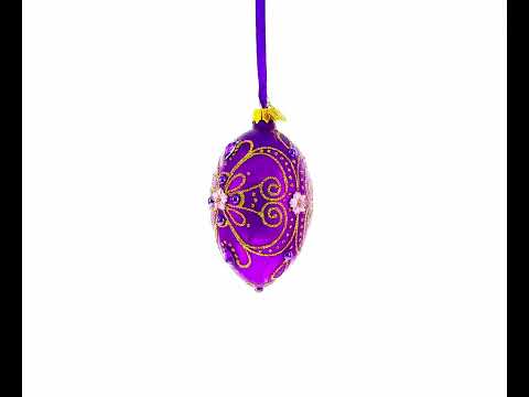 Royal Purple and Gold Glitter Scrollwork & Gem Accents Glass Egg Christmas Ornament 4 Inches
