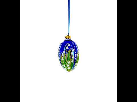 Lily of the Valley on Glossy Blue Egg Glass Ornament 4 Inches