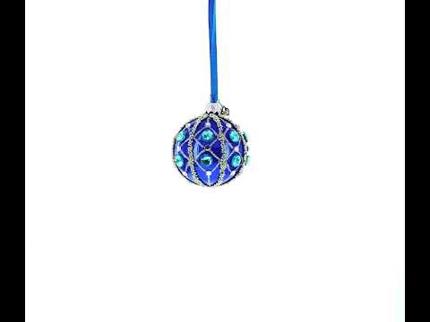 Silver Bead Lattice and Aqua Jewel Accents on Glossy Blue Glass Ball Christmas Ornament
