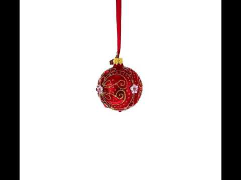 Red and Gold Glitter Scrollwork & Gem Accents Glass Ball Christmas Ornament 2.4 Inches