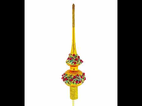 Poinsettia Flowers with Pearls  Gold Glass Christmas Tree Topper 11 Inches