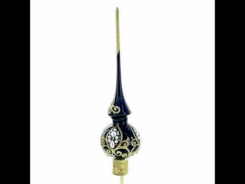 Black and Gold Filigree Design Glass Christmas Tree Topper 11 Inches