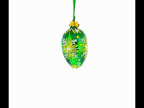 Adorno de huevo de cristal en miniatura con diseño floral en verde esmeralda con remolinos azules y amarillos de 7,35 cm