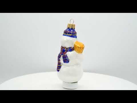 Snowman Wearing Blue Hat and Plaid Scarf with Broom Glass Christmas Ornament