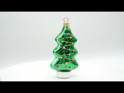 Adorno navideño de cristal con árbol verde y guirnalda dorada