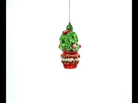 Decorated Cactus in a Pot Glass Christmas Ornament